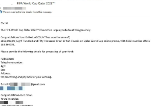 2022 FIFA Lottery Award Email Scam Removal