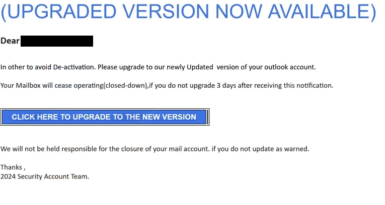 Yдалить «Outlook — Upgraded Version Now Available» фишинговое письмо