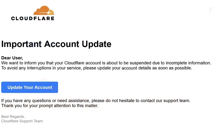 Odebrat „Cloudflare – Important Account Update“ e-mail