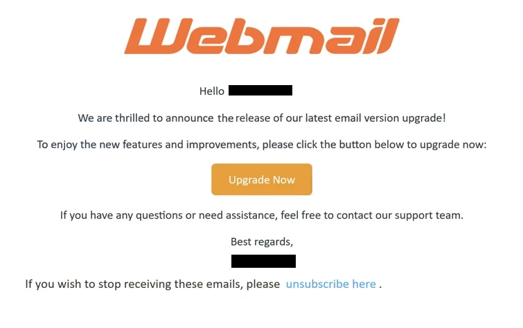 Odstranění „Webmail – Email Version Upgrade“ nevyžádané pošty