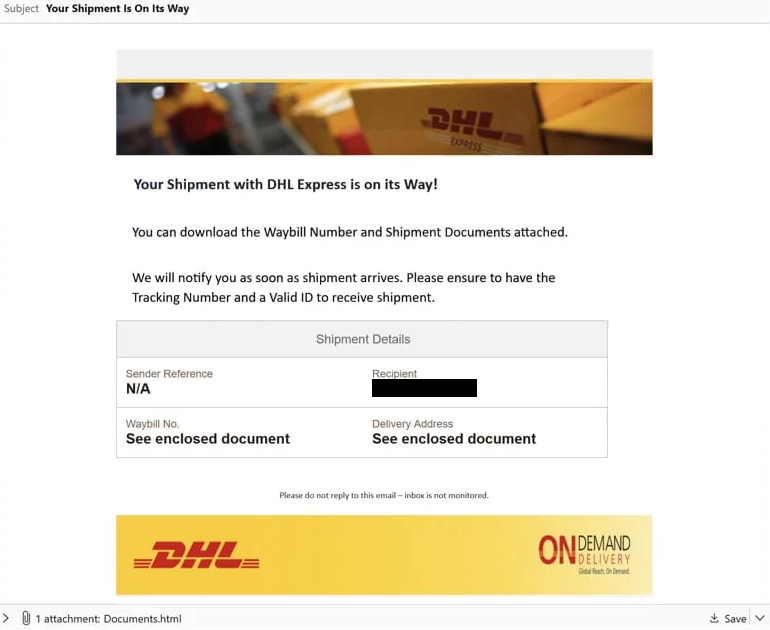 Avlägsna ”Your Shipment With DHL Express Is On Its Way” phishing email